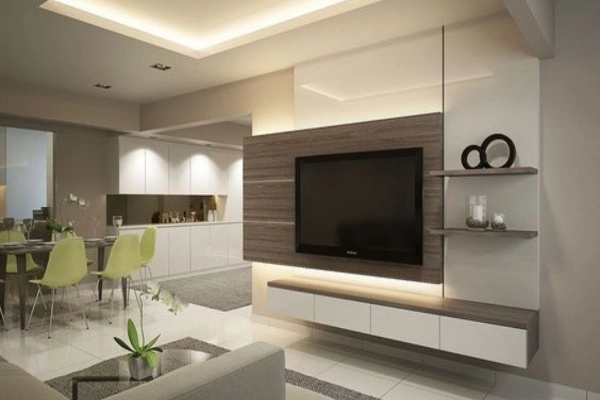 The TV unit in the center and open shelves in living room